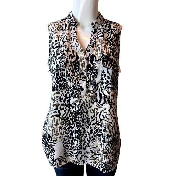 Notations Women Henley Blouse Top Animal Leaf Print Snap Front Button Black Whit - Picture 1 of 7